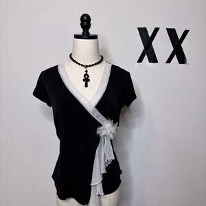 Vintage 2000s Micro Mesh Babydoll Lace V Neck Top • Indie Fairy Whimsygoth Y2K S